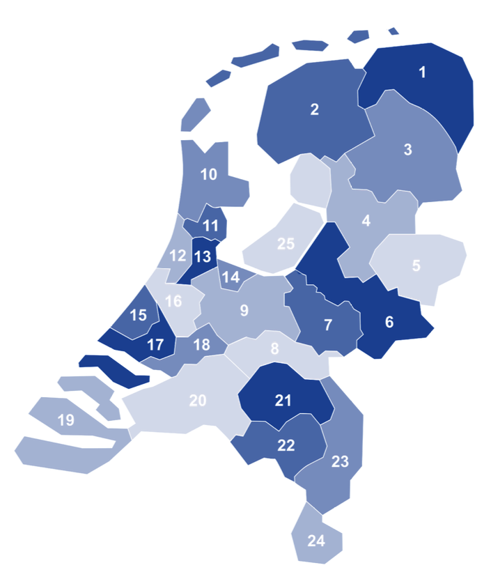 Kaart van Nederland met RAV-regio's